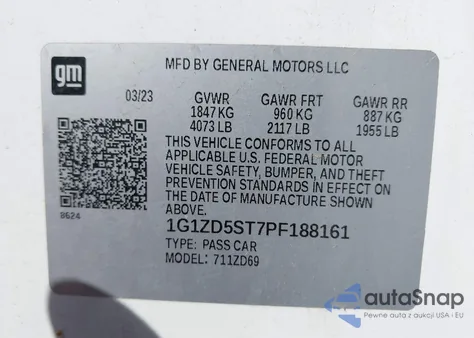 2023 Chevrolet Malibu Fwd 1Lt z USA, uszkodzony, nr VIN 1G1ZD5ST7PF188161